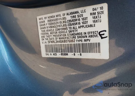 2010 Honda Odyssey Ex из США, поврежденный, VIN 5FNRL3H40AB076862